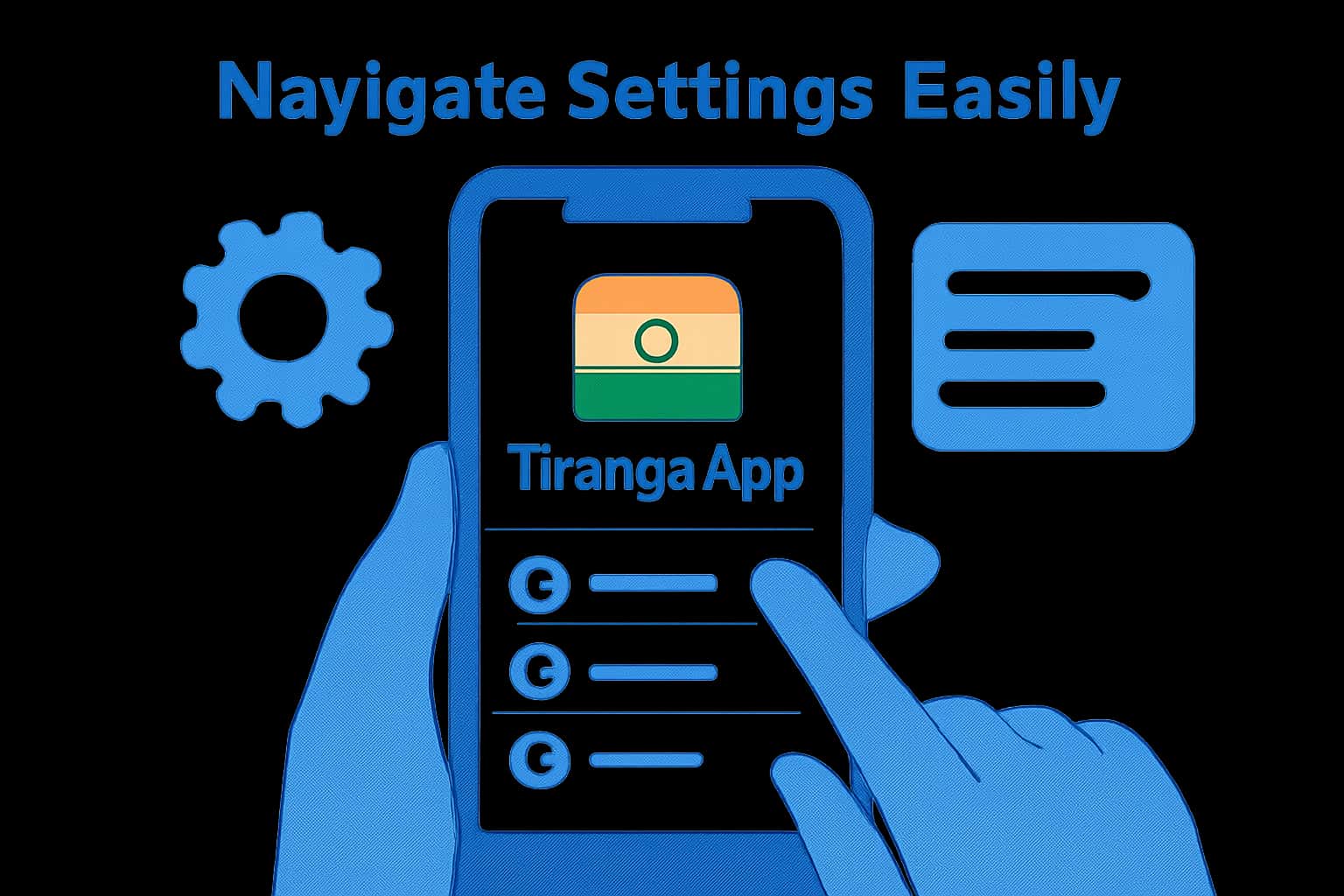 Informative scene about navigating settings in the Tiranga App.